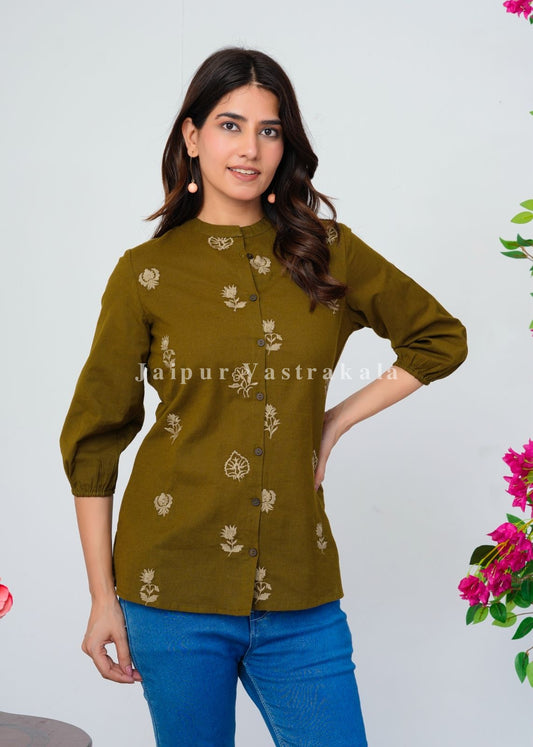 Olive Green Motifs Embroidery Cotton Linen Top