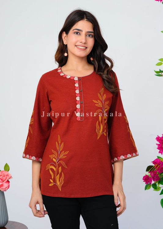 Rust Orange Fern Embroidery Cotton Linen Top