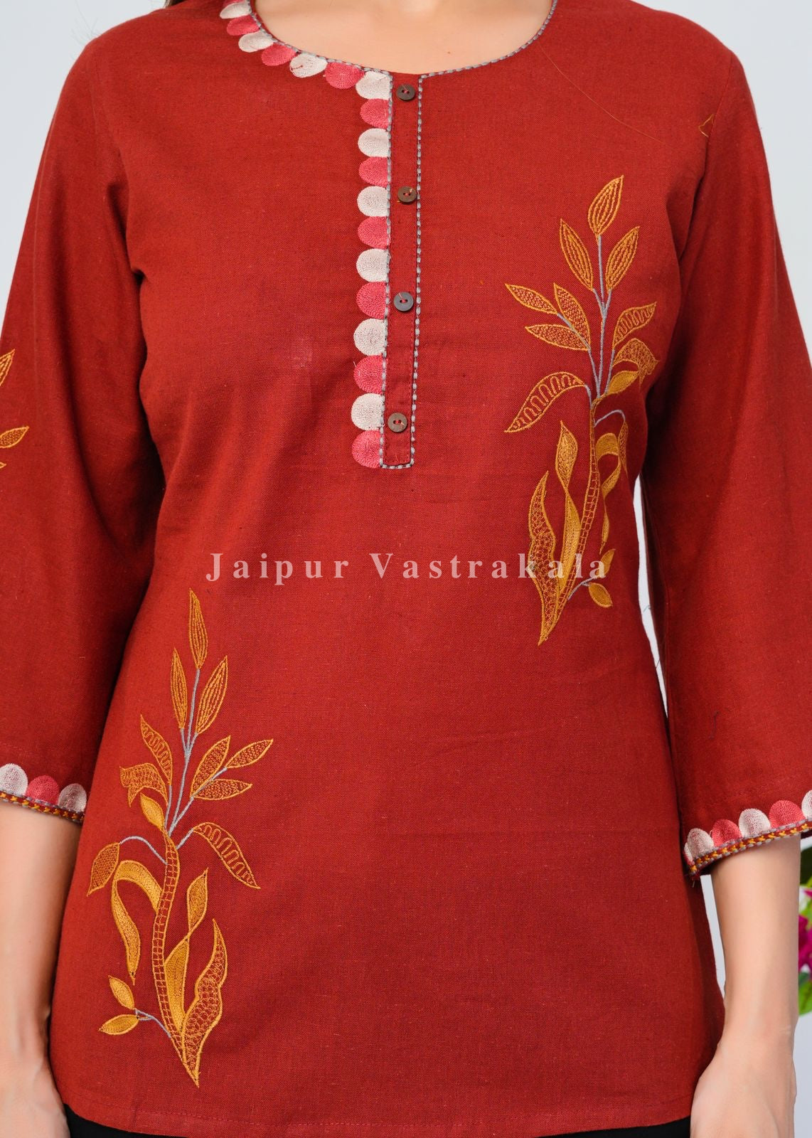 Rust Orange Fern Embroidery Cotton Linen Top