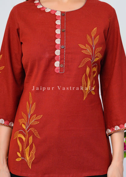 Rust Orange Fern Embroidery Cotton Linen Top