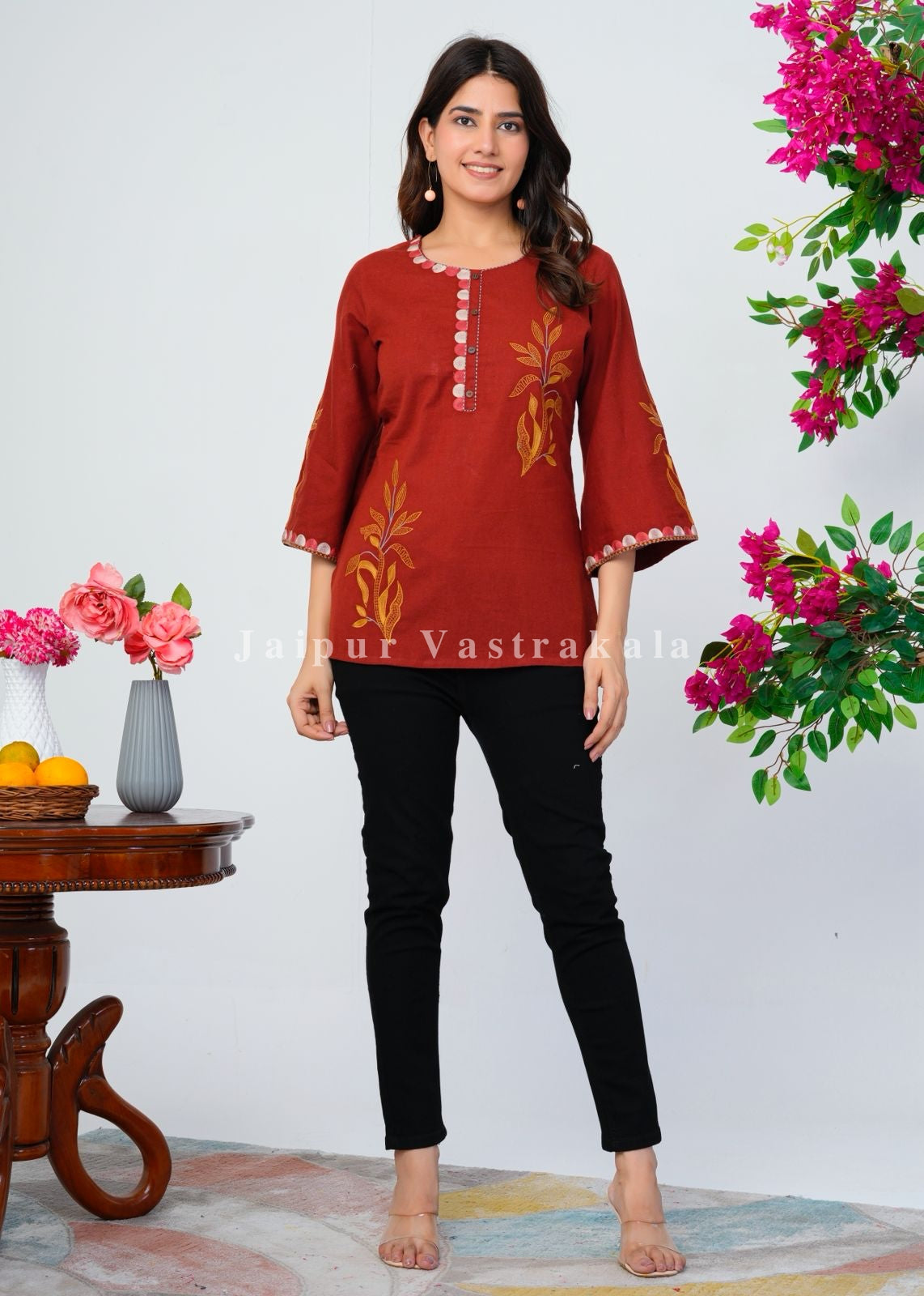 Rust Orange Fern Embroidery Cotton Linen Top