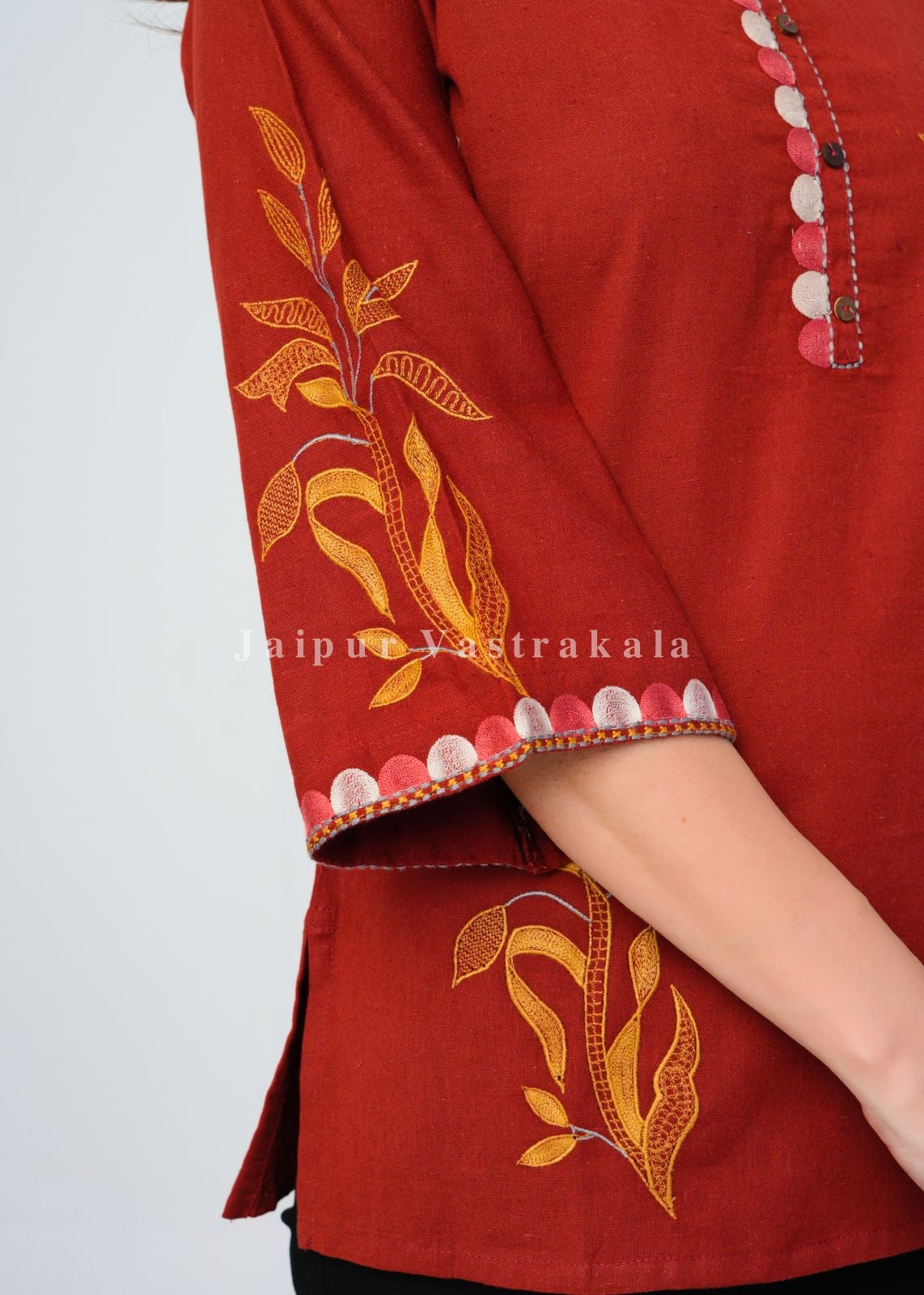 Rust Orange Fern Embroidery Cotton Linen Top