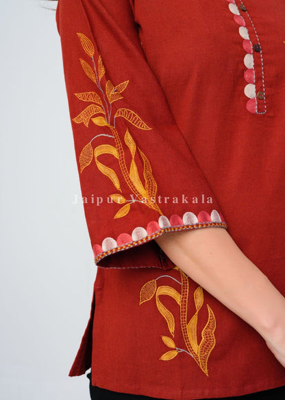 Rust Orange Fern Embroidery Cotton Linen Top