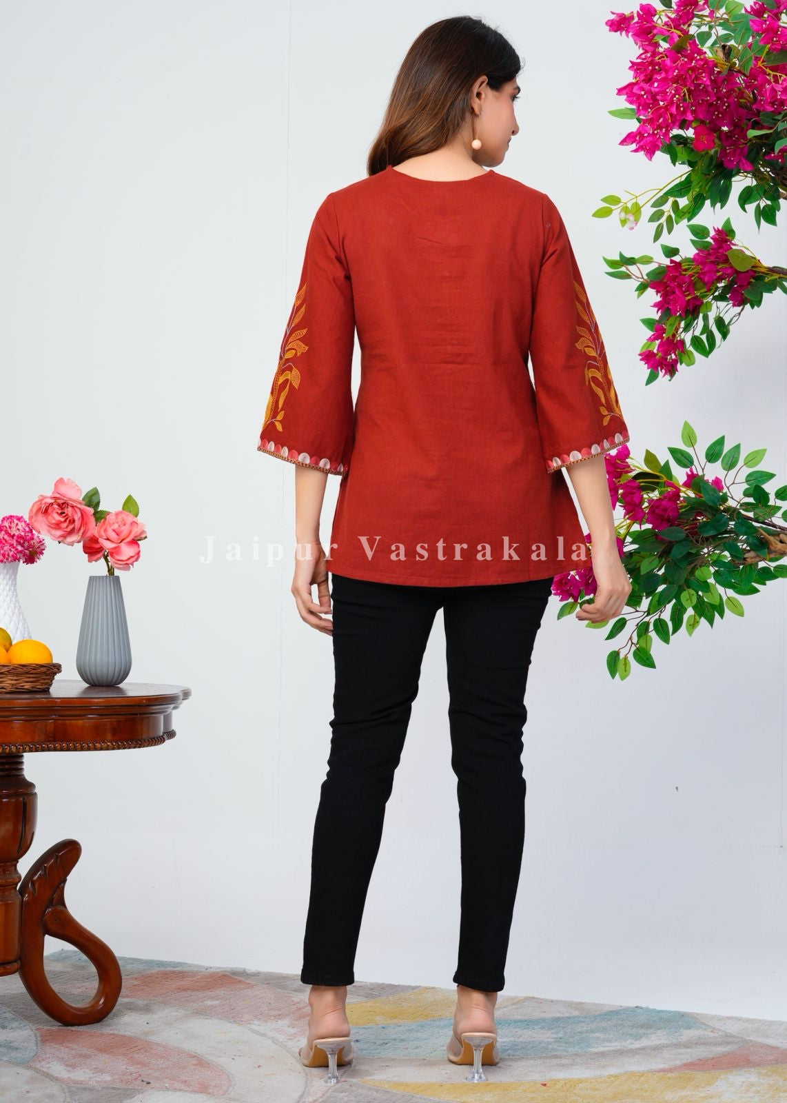 Rust Orange Fern Embroidery Cotton Linen Top
