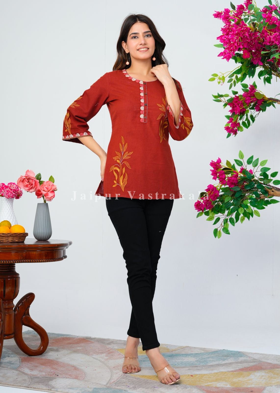 Rust Orange Fern Embroidery Cotton Linen Top