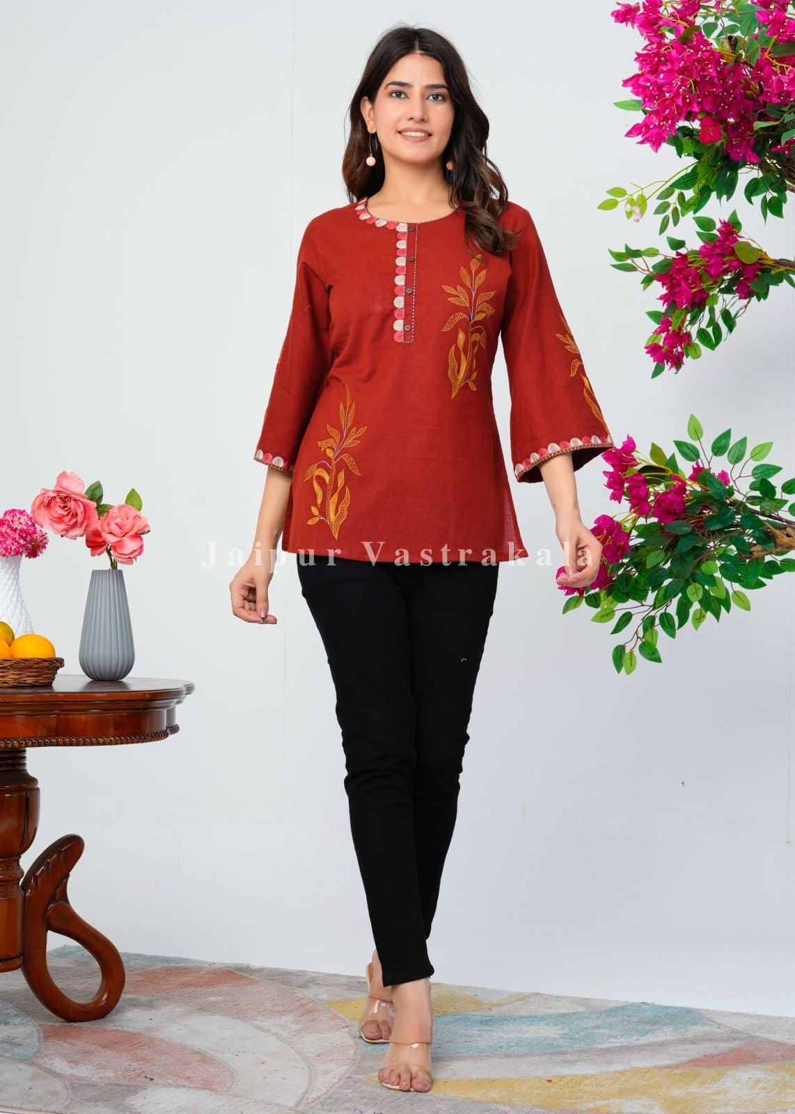 Rust Orange Fern Embroidery Cotton Linen Top