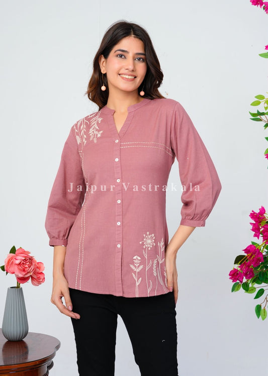 Terracotta Peach Vines Embroidery Cotton Linen Top