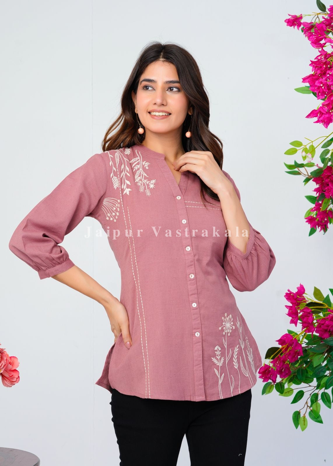 Terracotta Peach Vines Embroidery Cotton Linen Top