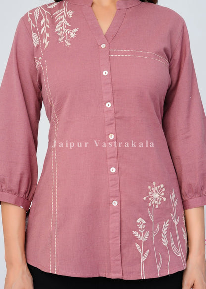 Terracotta Peach Vines Embroidery Cotton Linen Top