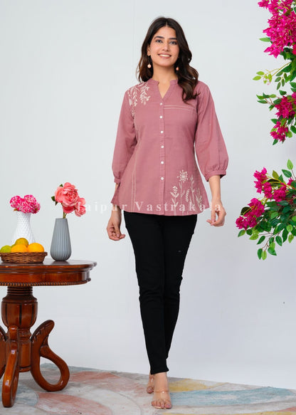 Terracotta Peach Vines Embroidery Cotton Linen Top