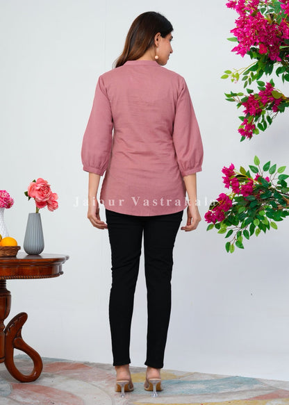 Terracotta Peach Vines Embroidery Cotton Linen Top