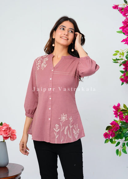 Terracotta Peach Vines Embroidery Cotton Linen Top