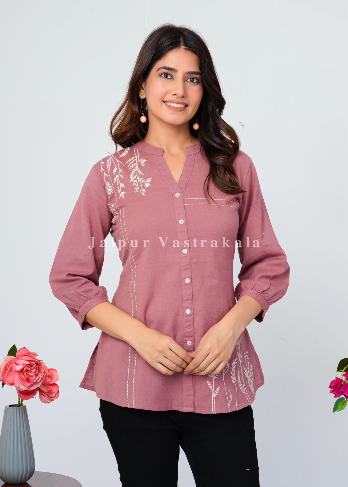 Terracotta Peach Vines Embroidery Cotton Linen Top
