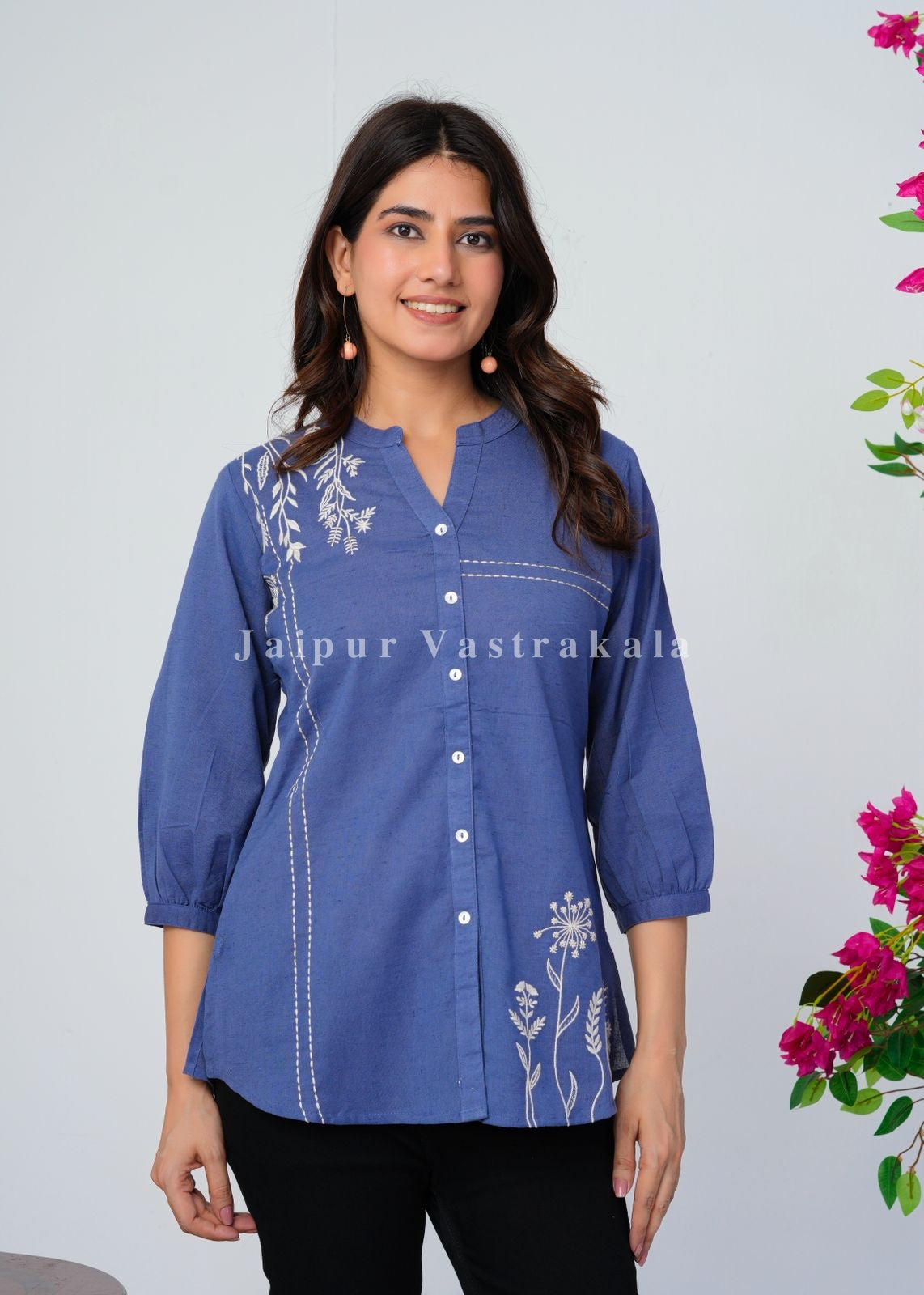 Blue Vines Embroidery Cotton Linen Top