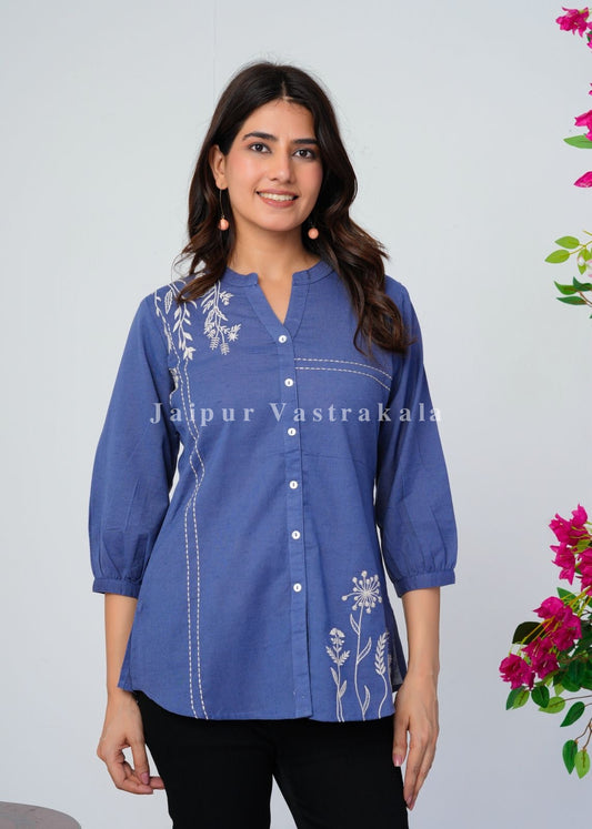 Blue Vines Embroidery Cotton Linen Top