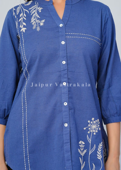 Blue Vines Embroidery Cotton Linen Top