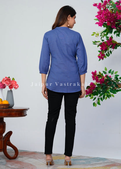 Blue Vines Embroidery Cotton Linen Top