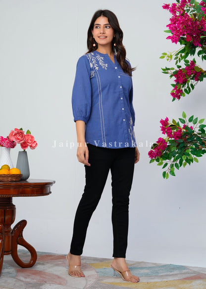 Blue Vines Embroidery Cotton Linen Top