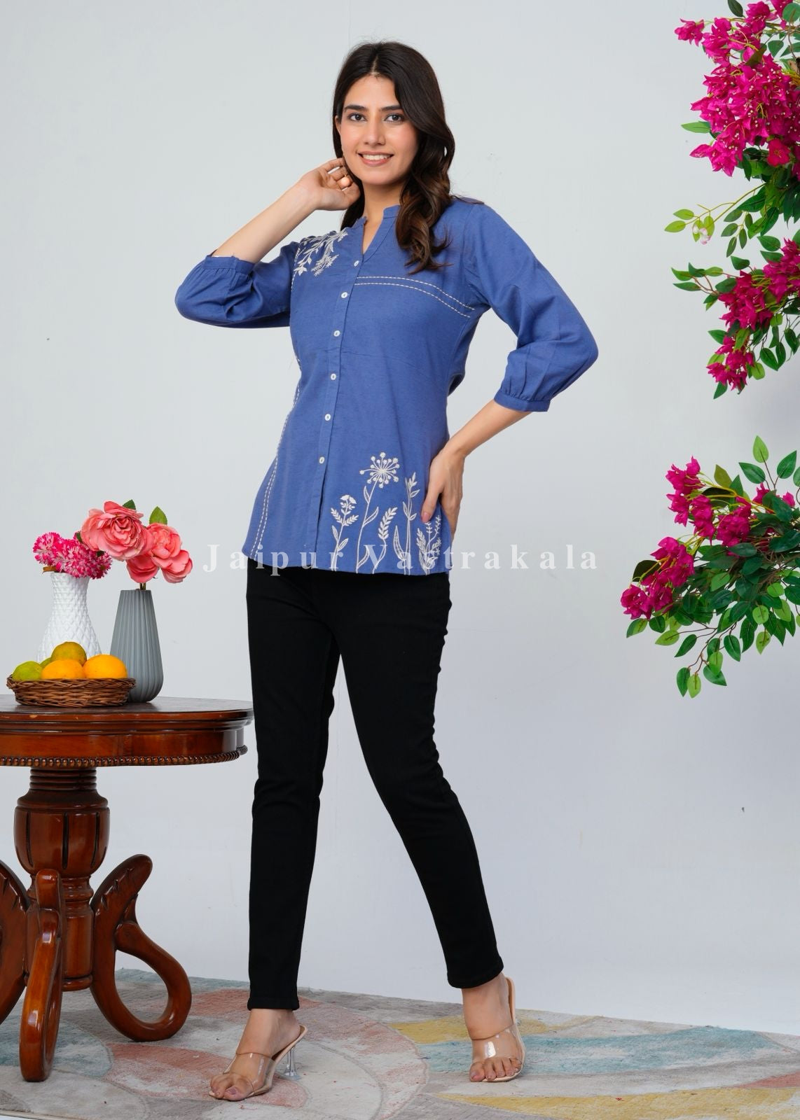 Blue Vines Embroidery Cotton Linen Top