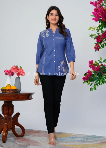 Blue Vines Embroidery Cotton Linen Top