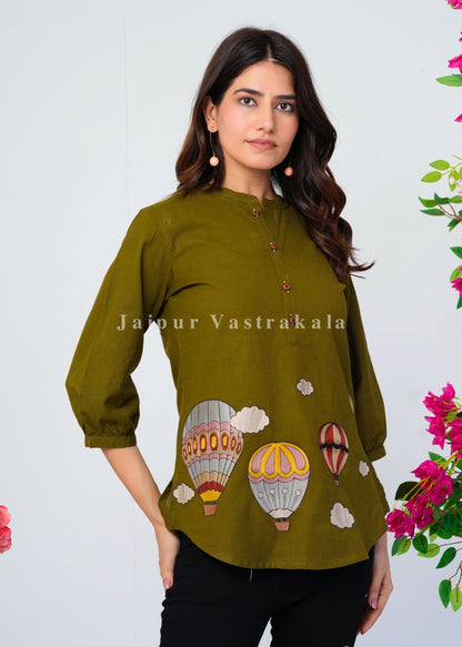 Green Hot Balloon Embroidery Cotton Linen Top