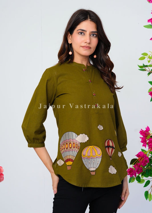 Green Hot Balloon Embroidery Cotton Linen Top