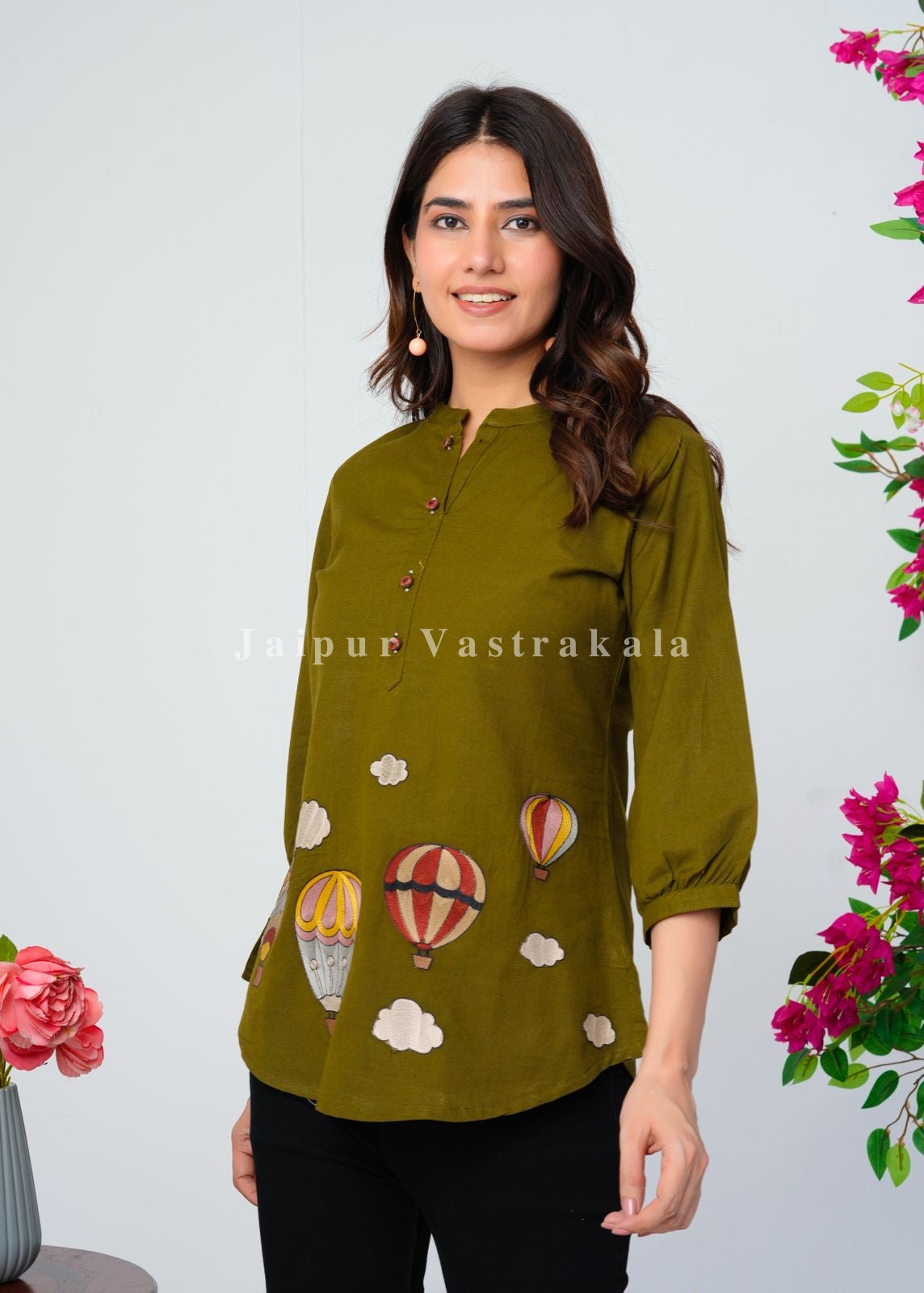 Green Hot Balloon Embroidery Cotton Linen Top