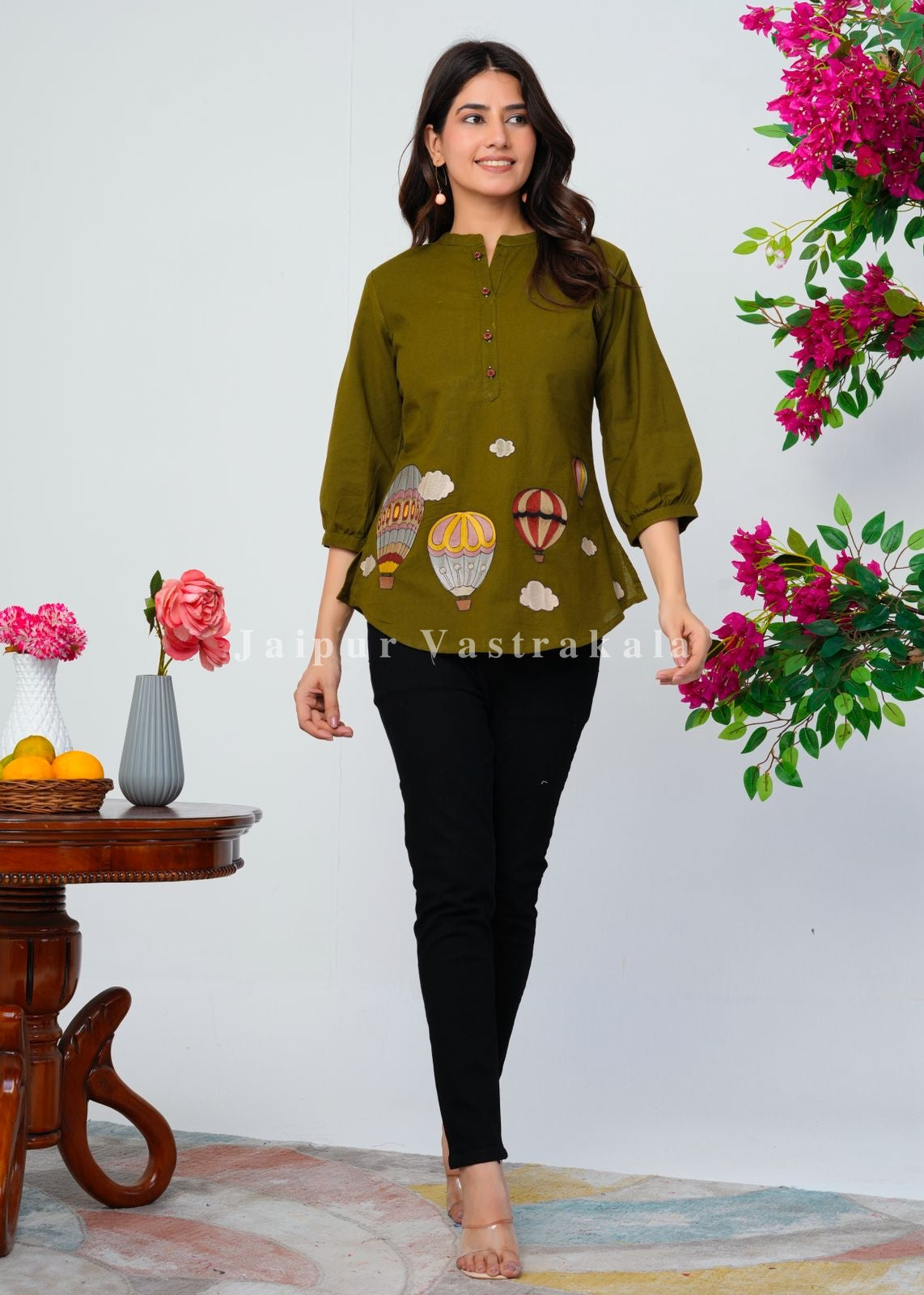Green Hot Balloon Embroidery Cotton Linen Top