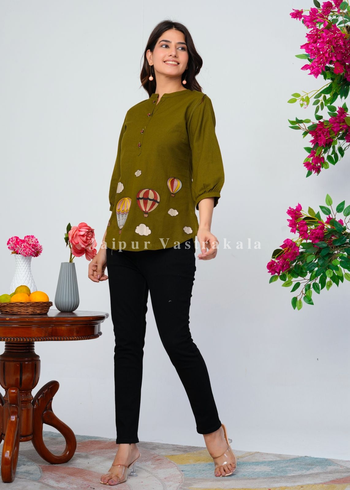 Green Hot Balloon Embroidery Cotton Linen Top