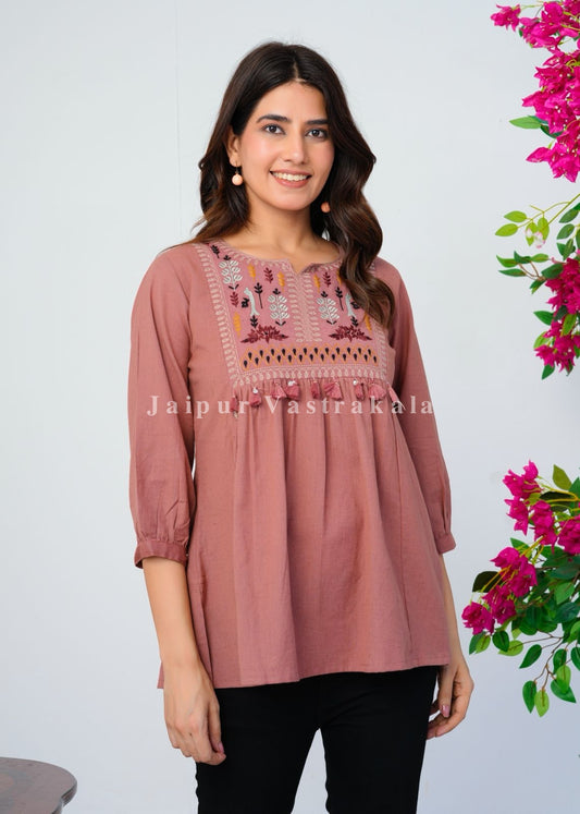 Peach Terracotta Tassel Embroidery Cotton Linen Top