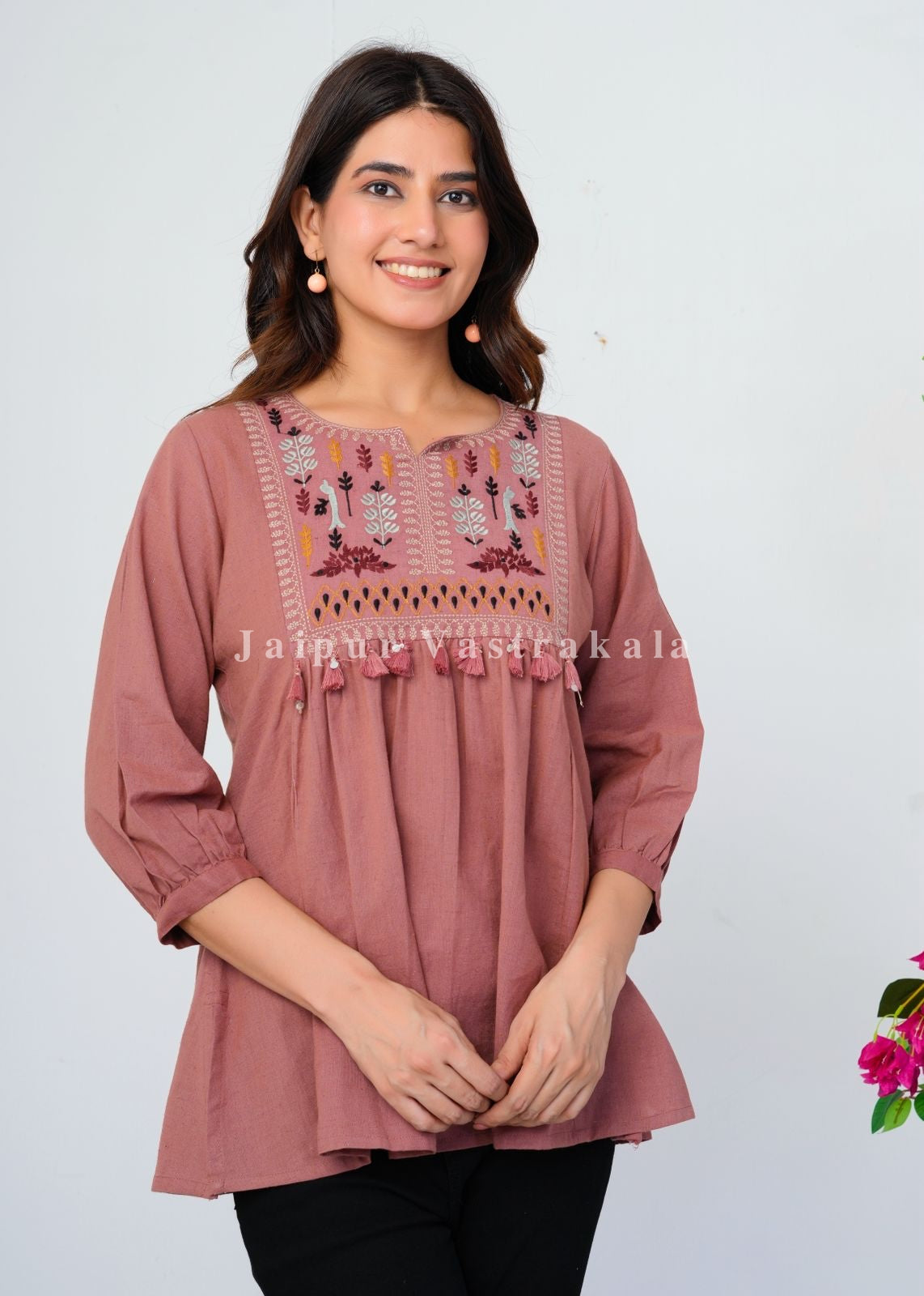 Peach Terracotta Tassel Embroidery Cotton Linen Top