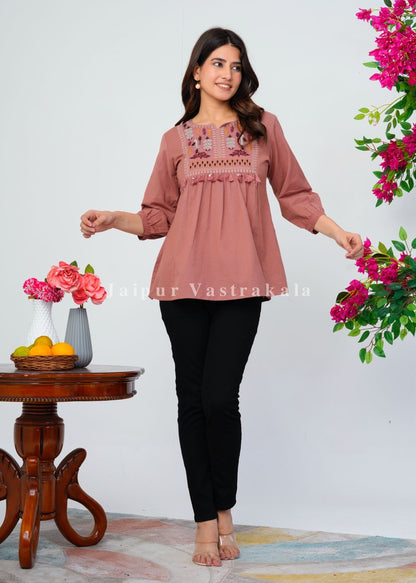 Peach Terracotta Tassel Embroidery Cotton Linen Top