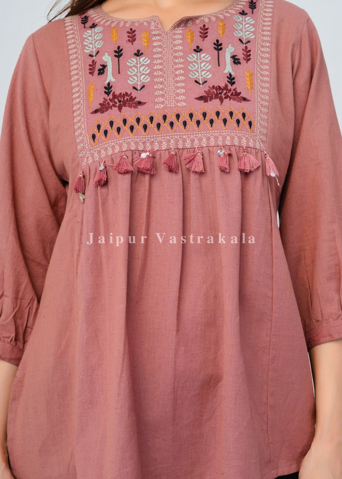 Peach Terracotta Tassel Embroidery Cotton Linen Top