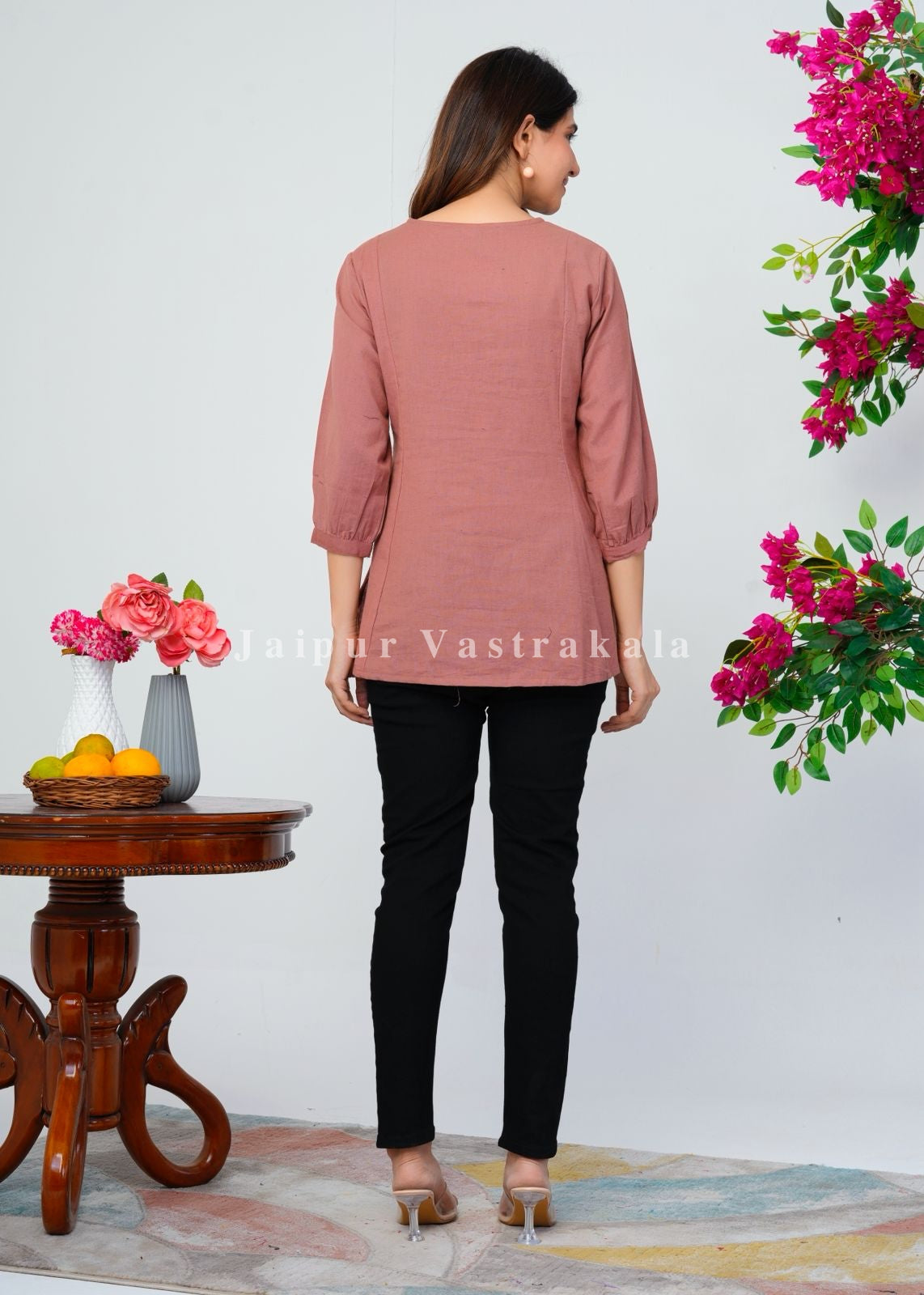 Peach Terracotta Tassel Embroidery Cotton Linen Top