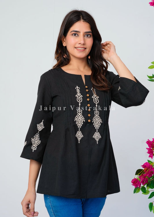 Black Ikkat Embroidery Cotton Linen Top