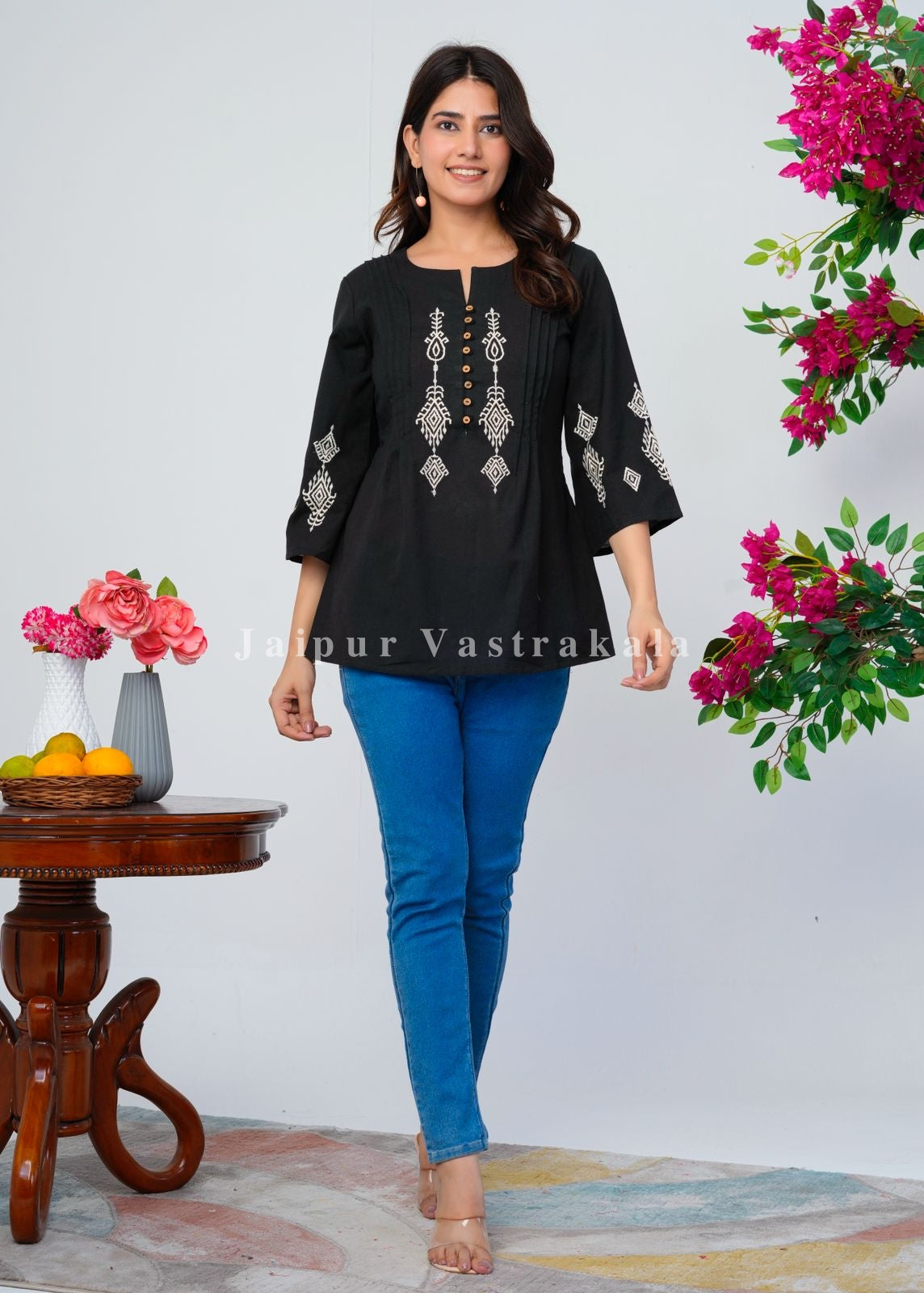 Black Ikkat Embroidery Cotton Linen Top