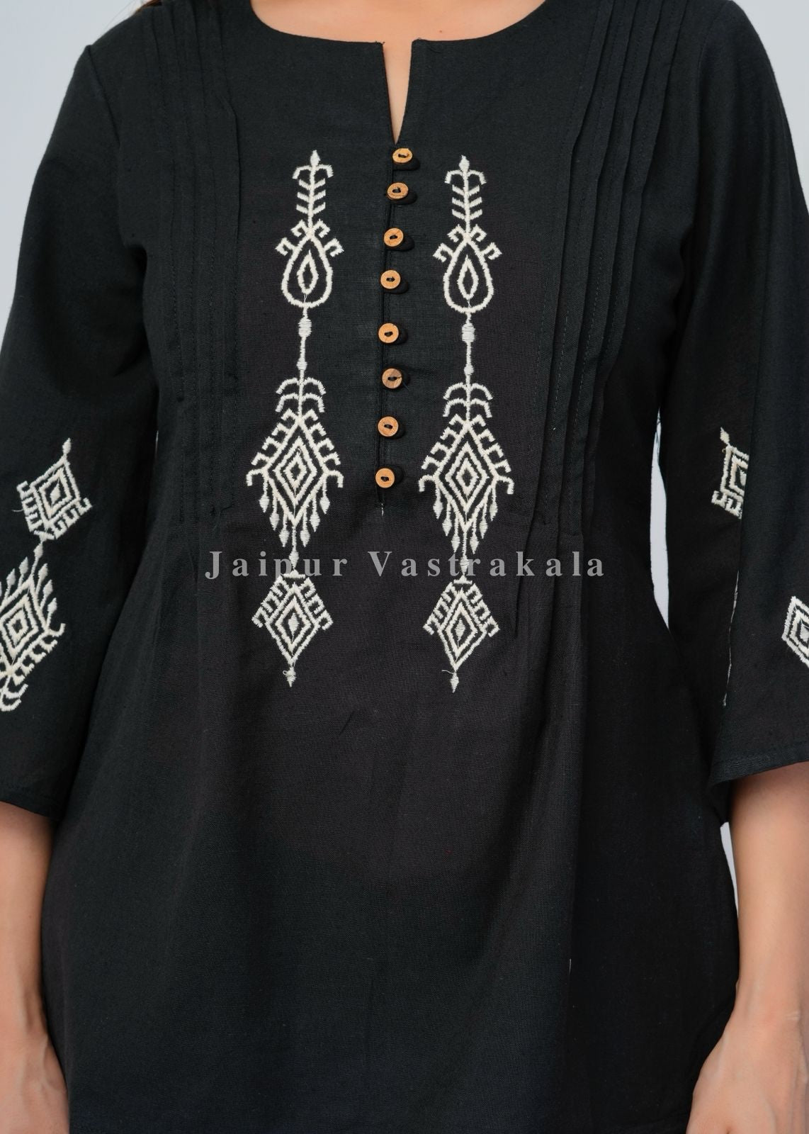 Black Ikkat Embroidery Cotton Linen Top