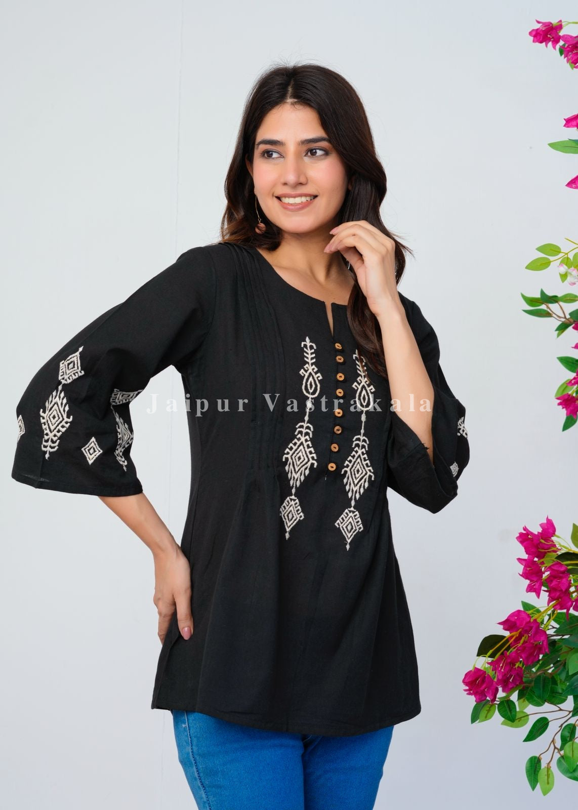 Black Ikkat Embroidery Cotton Linen Top