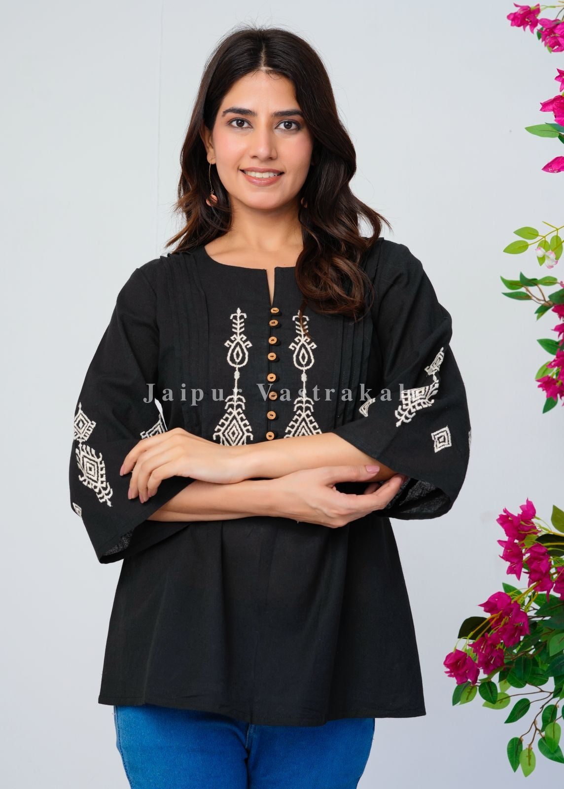 Black Ikkat Embroidery Cotton Linen Top