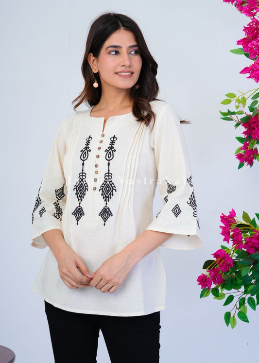 White Ikkat Embroidery Cotton Linen Top