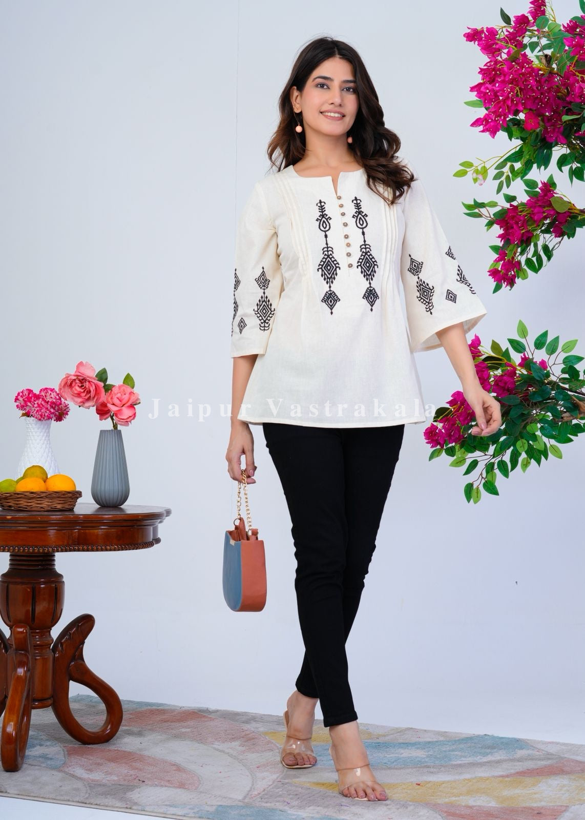 White Ikkat Embroidery Cotton Linen Top