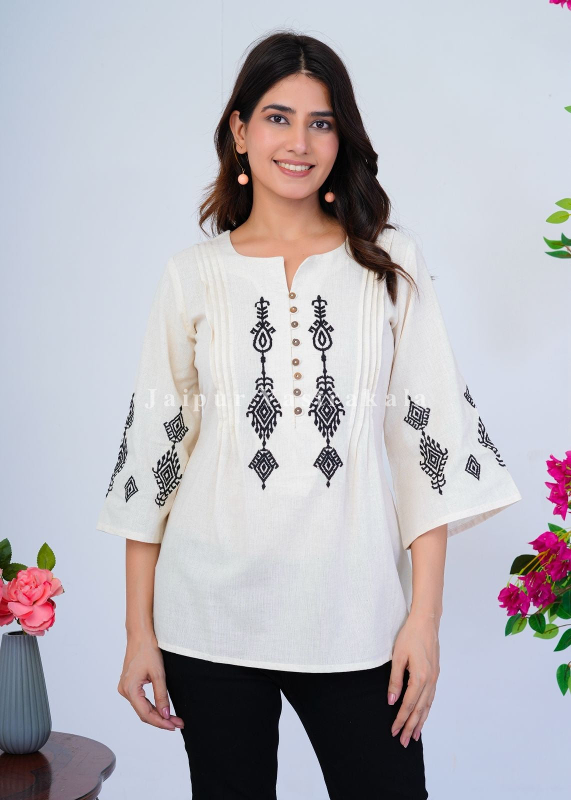 White Ikkat Embroidery Cotton Linen Top