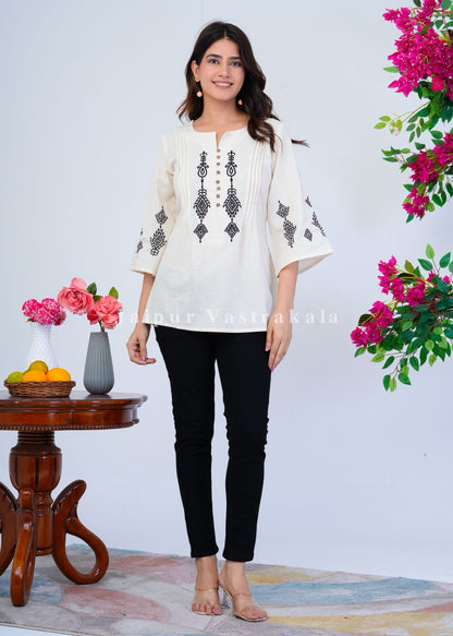 White Ikkat Embroidery Cotton Linen Top