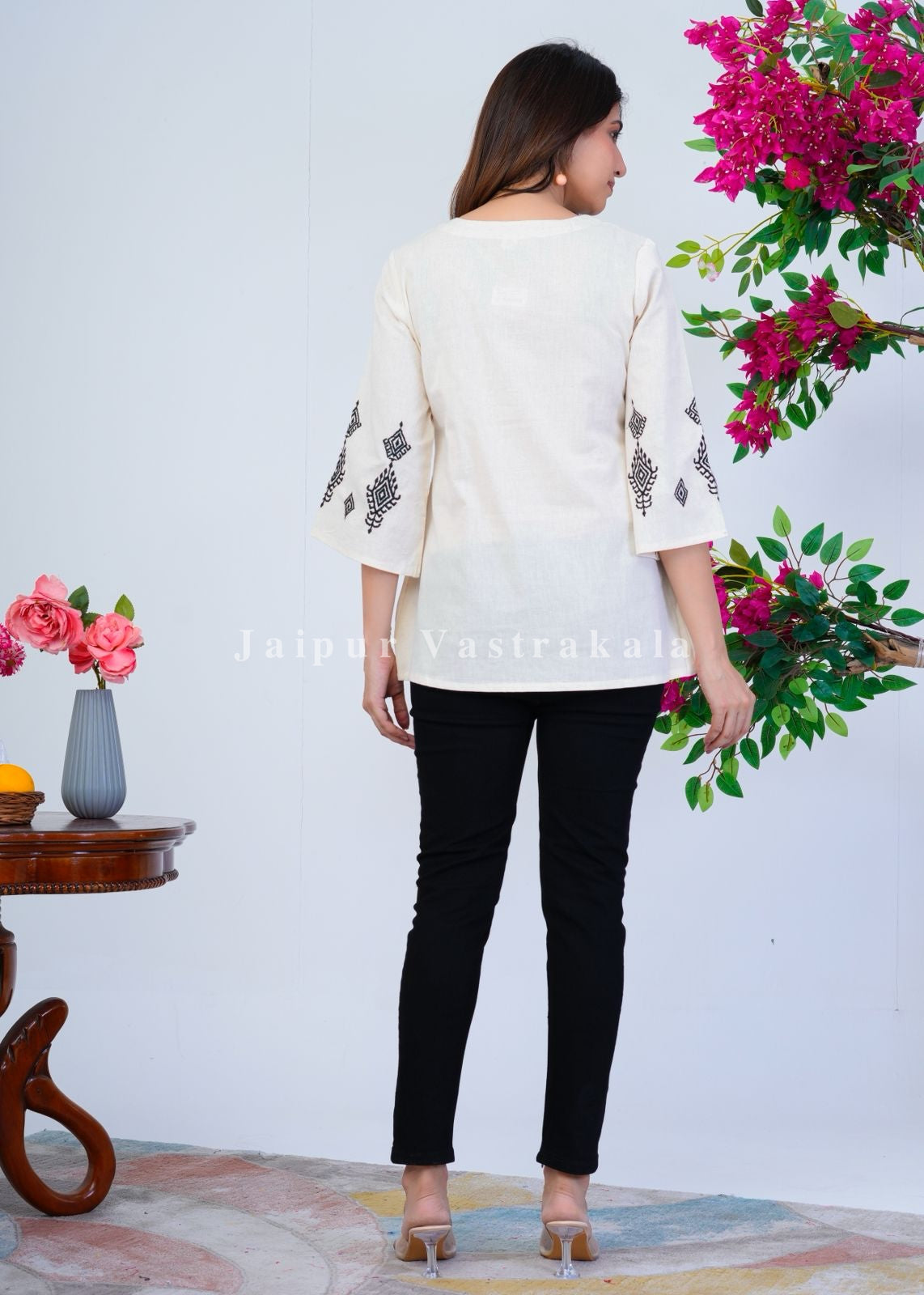 White Ikkat Embroidery Cotton Linen Top