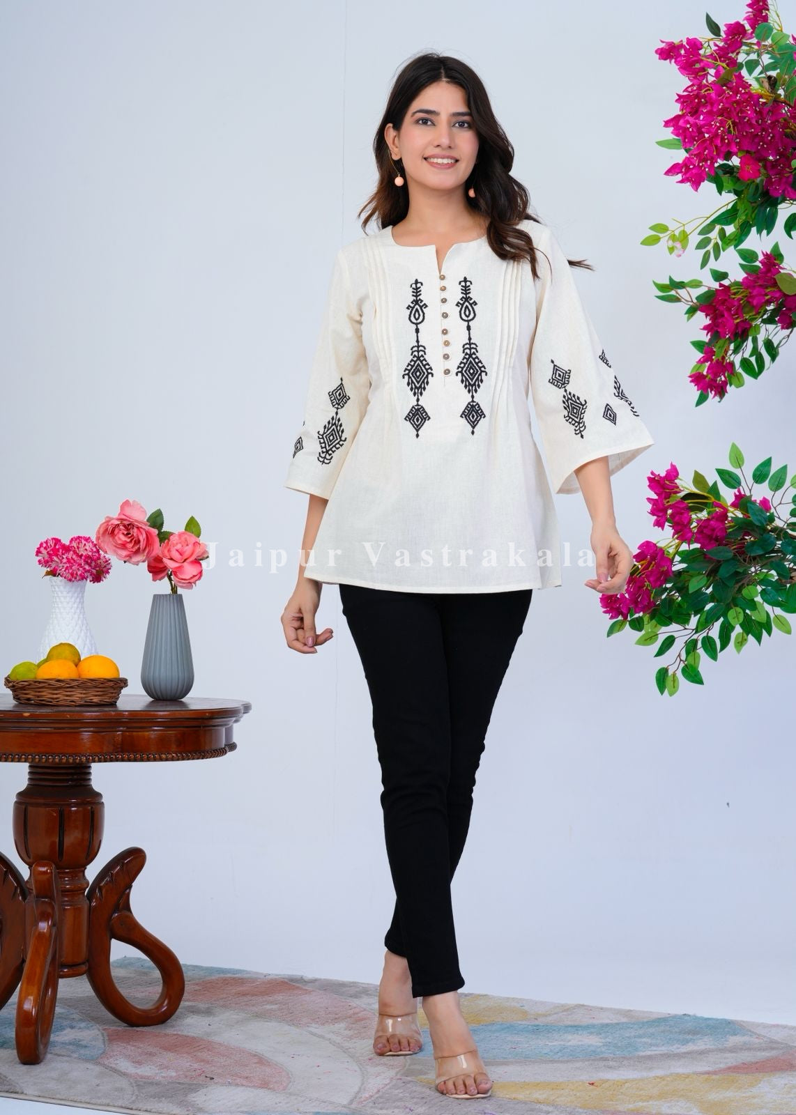 White Ikkat Embroidery Cotton Linen Top