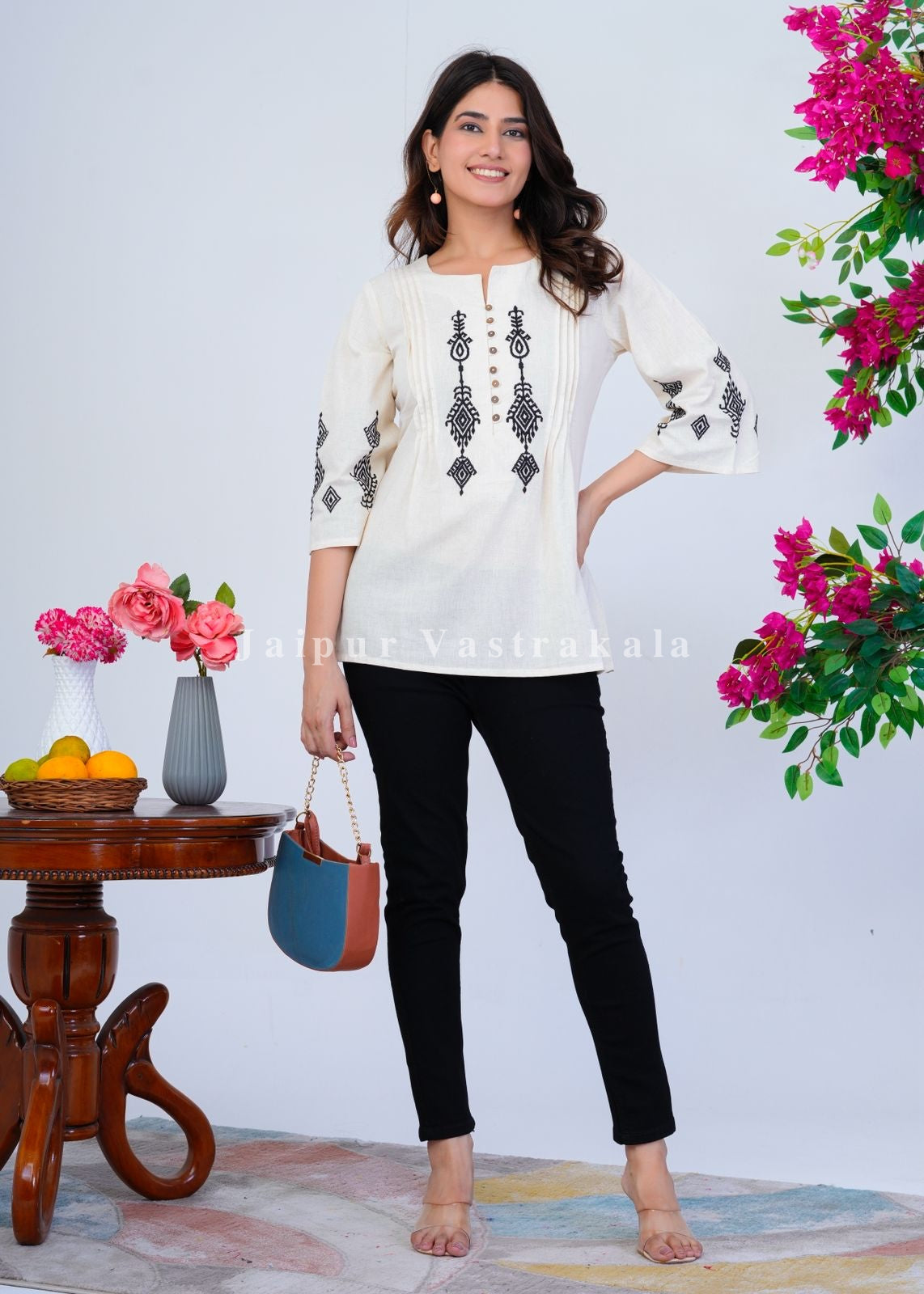 White Ikkat Embroidery Cotton Linen Top