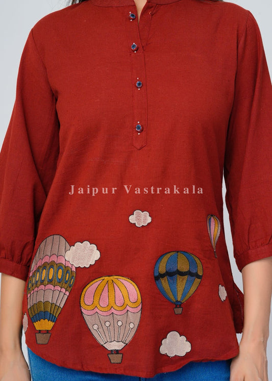 Rust Orange Hot Balloon Embroidery Cotton Linen Top