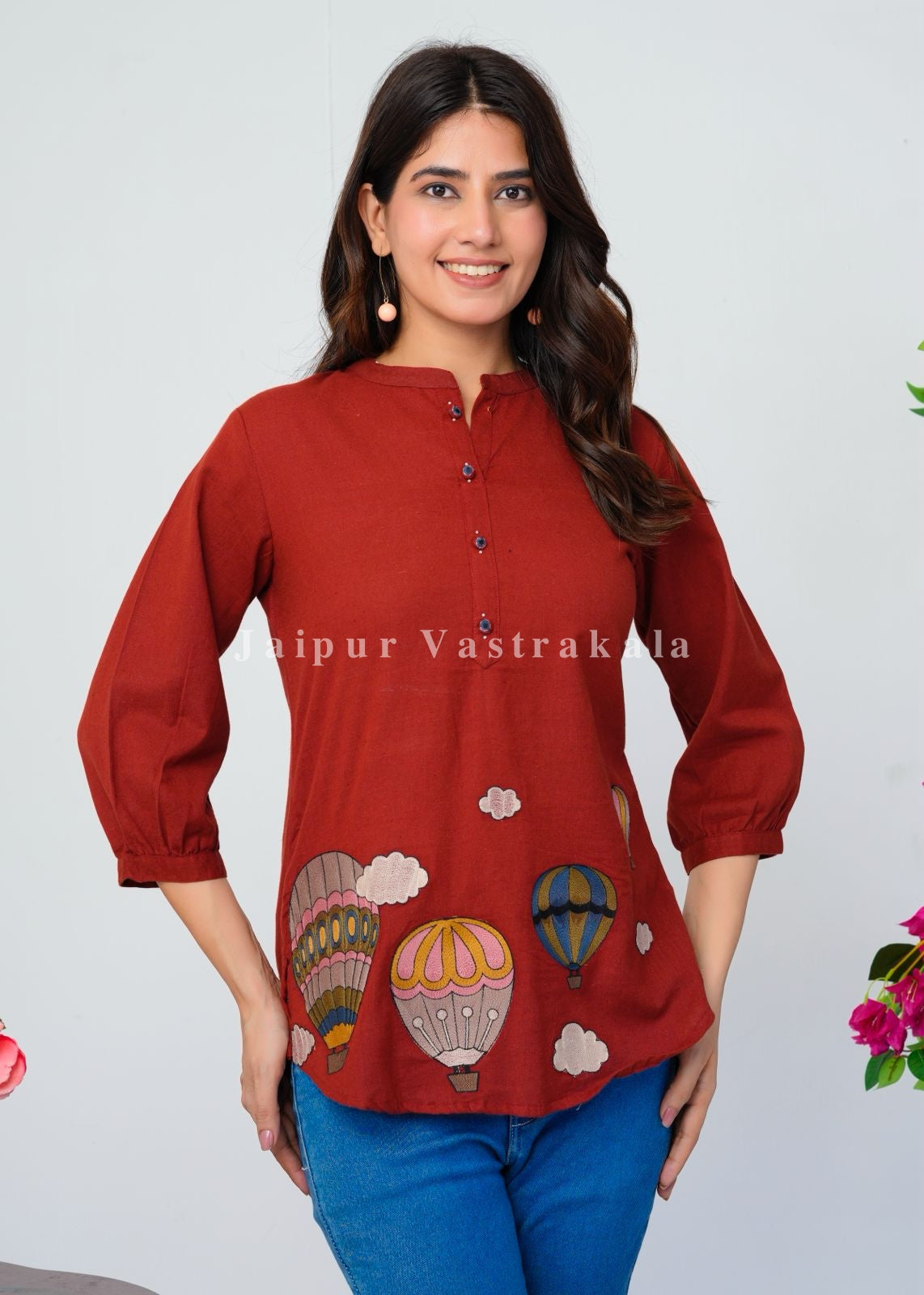 Rust Orange Hot Balloon Embroidery Cotton Linen Top