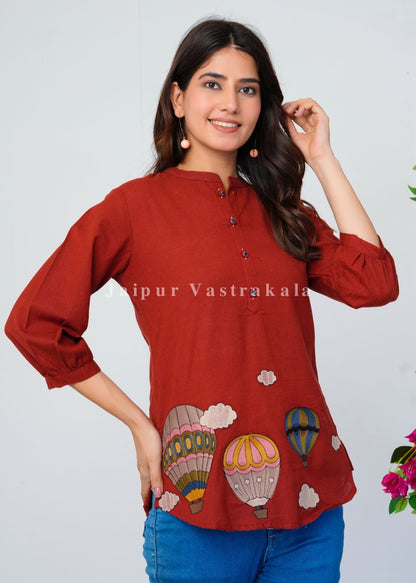 Rust Orange Hot Balloon Embroidery Cotton Linen Top