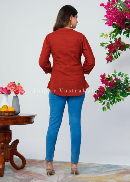 Rust Orange Hot Balloon Embroidery Cotton Linen Top